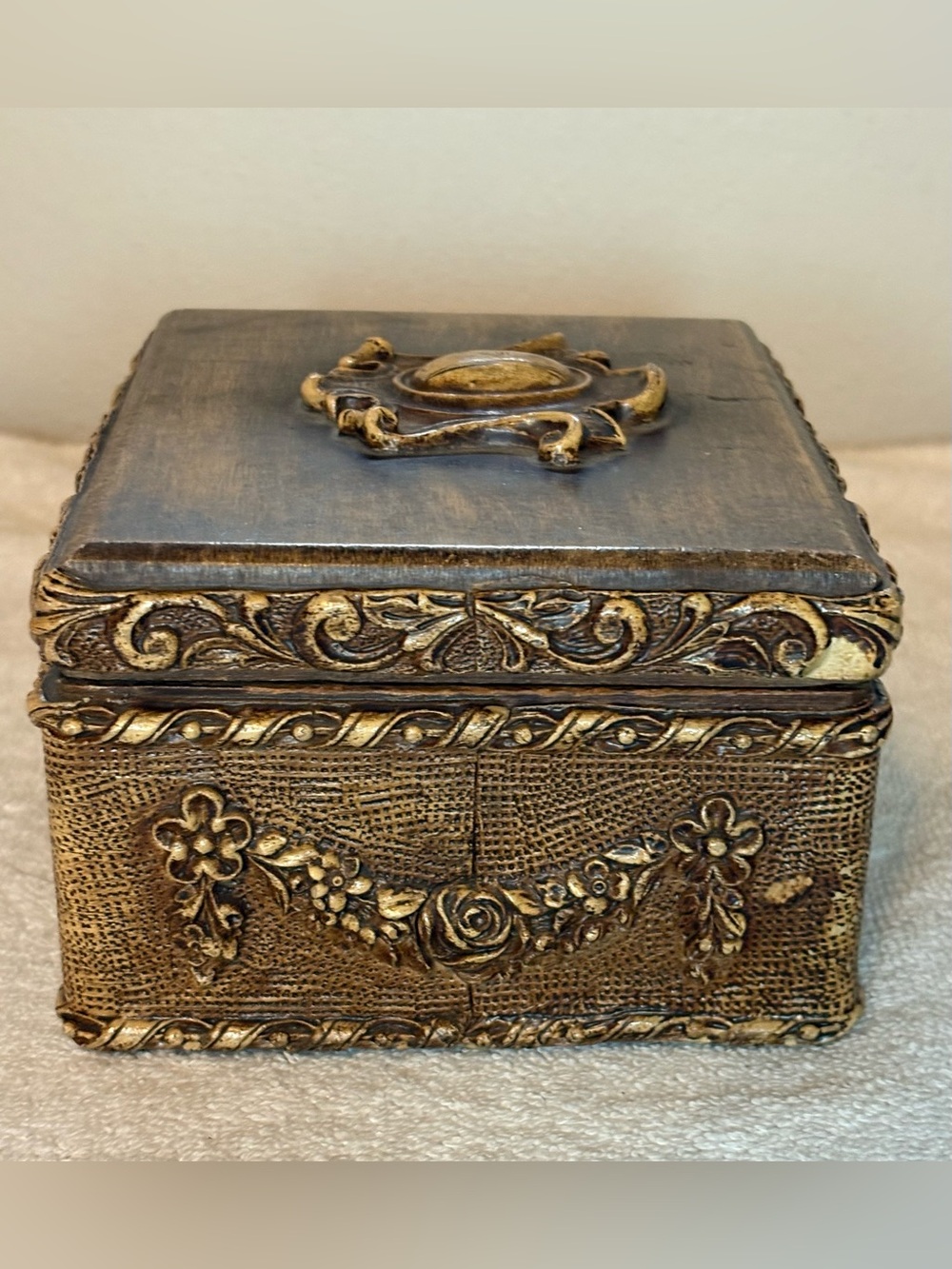 Vintage Ornate Jewelry Trinket Box Brown Gold Floral Syroco Style 6” - Picture 5 of 11